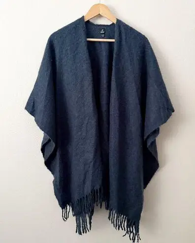 ECHO | Fringe Hem Fringed Bloucle 'Ruana' Navy Blue Fuzzy Wrap Poncho | OSFM Size undefined