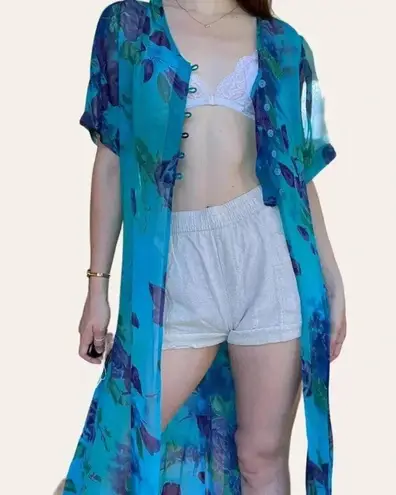 Vintage 90s/y2k Phool sheer duster mesh overdress/swim coverup caftan Medium Blue