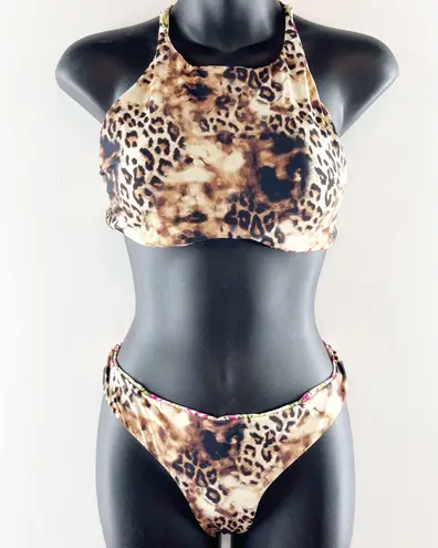 Tinibikini Leopard Floral Reversible Bikini High Neck Set Brown Pink Medium