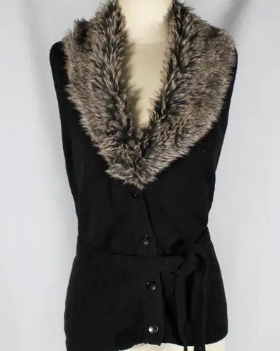 Attention Y2K Black Knit Sweater Vest with Tan Faux Fur Detachable Collar Button with Tie