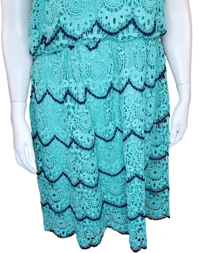 Luxology Womens 14 Blue Teal Crochet Lace Sleeveless Midi Dress Elastic Waist