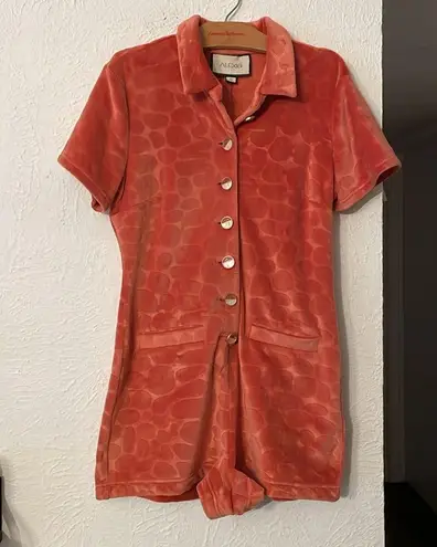 Alexis Pennie Velour Romper in Coral Orange Button-Up Romper Size Small