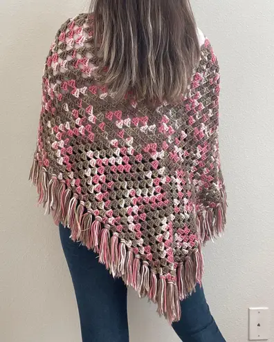 Pink Brown Green Multicolor Handmade Open Crochet Knit Tassel Fringe Poncho Multiple