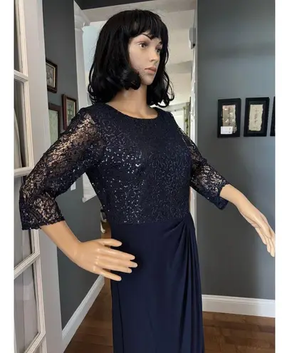 Alex Evenings Navy Long A-Line Detailed sequin Bodice sheer sleeves Dress 10 p