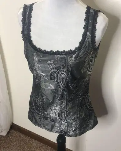 Travel by Tribal dark grey paisley lace trim tank top size XS Gray