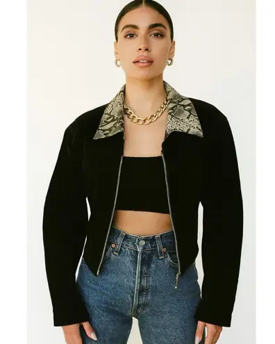 wilson's leather Vintage WILSON LEATHER Suede Black Snake Skin Pattern Collared Crop Jacket Sz M