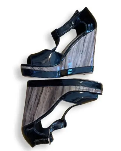 Black Patent Leather Faux Wood Grain Peep Toe SZ.8. High heel Wedge 5" Italian