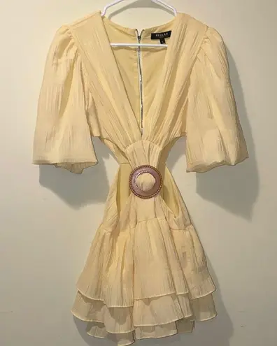 Beulah Womens Yellow Ruffled Tie Front Puff Sleeve Mini Dress