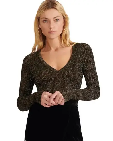 Veronica Beard Esmeralda Ribbed Sweater Black Metallic Peplum V-Neck Pullover XS