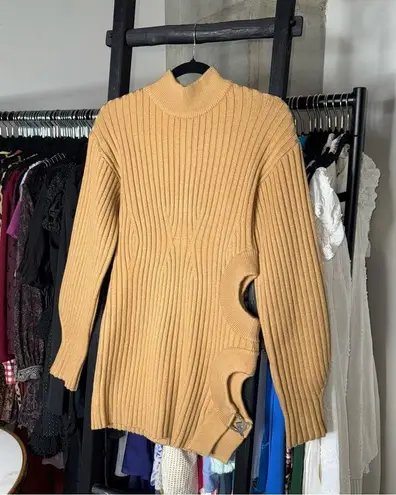 David Koma Camel Side Cutout Ribbed Knit Mini Dress Tan Size M