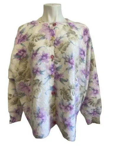 Lee Sands Women’s Orchid and Monstera Print Angora Cardigan Sweater Size 1X NWT