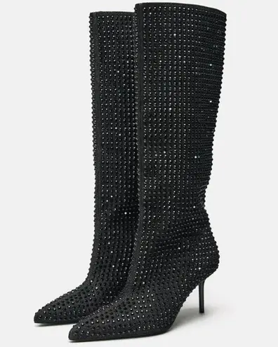 ZARA  RHINESTONE HEELED DENIM BOOTS BLACK Size 37/6.5 NEW