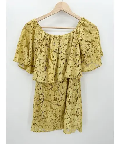 Poema Yellow Lace Floral Off Should Tunic Top Mini Dress Layered Women Small/Med