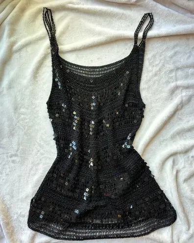 vintage Black Sequin beaded crochet knit Women's cami tank striped Top Size M