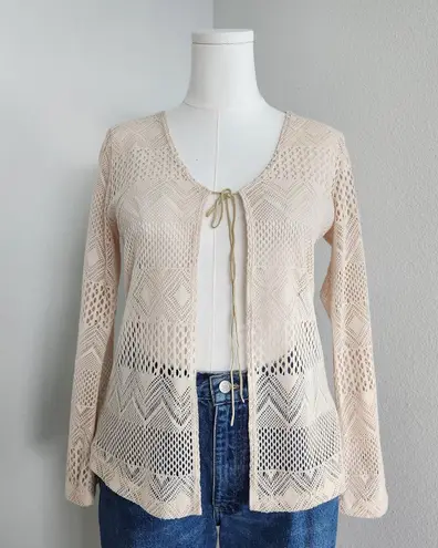 Y2K Sarah Beige Open Knit Crochet Cardigan Long Sleeve Tie Front Sweater L/XL Tan
