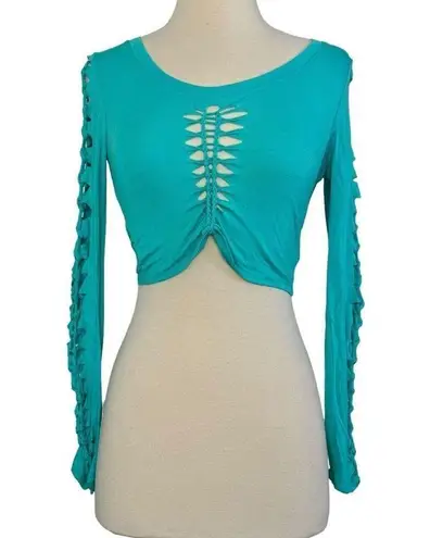 SLIT WEAVE Knotted Long Sleeve Turquoise Crop Top Rave Party Festival Club Sz S