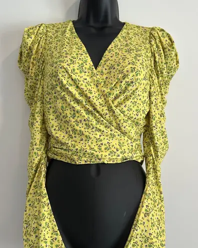 AFRM Celeste Crop Wrap Top Revolve Size XS Buttercup Ditsy Yellow Ruched Slinky