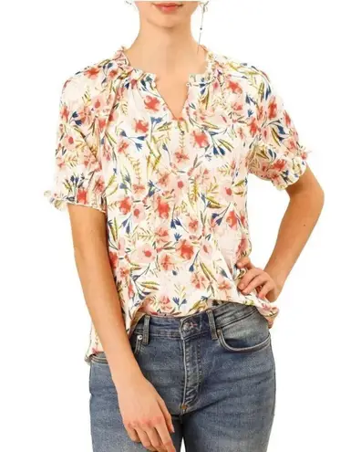 Allegra K Floral Ruffled Neck Short Sleeve Top Blouse, Size S