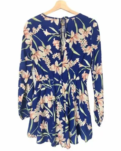 Peach Love California Peach Love Boutique Blue Floral Long Sleeve Wrap V-Neck Romper S