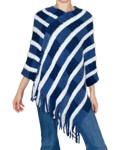 Blue & White Plaid Striped Fringe Bohemian Fuzzy Shawl Poncho
