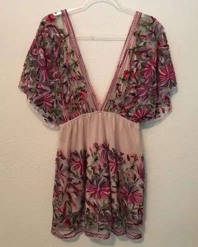 Raga In the Fields Purple Embroidered Dress Sheer Mesh Draping Sleeves V-Neck S