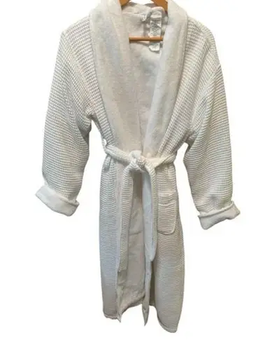 Pottery Barn White Waffle Knit Resort Robe Sz M Pockets W/Belt Terry Lined Spa