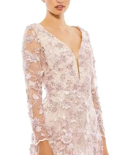 Mac Duggal Pink Floral long Skeeve Lace Applique Deep V Neck ALine Gown Size 14