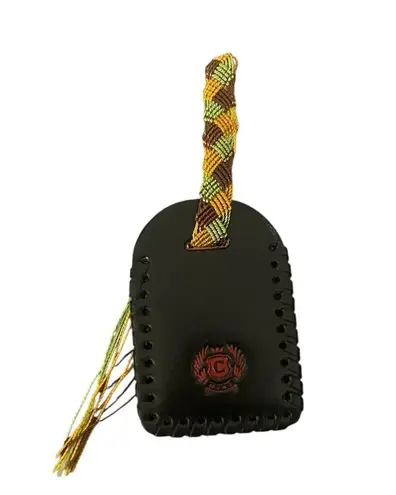 Consuela NWOT Black Leather Bag Tag Luggage Tag Friendship Bracelet Embossed