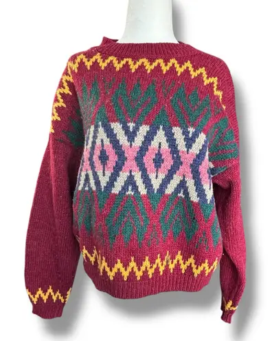 Vintage Benetton Shetland Wool Sweater Colorful Southwest Geometric Knit Cropped Red Size M