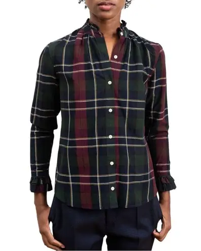 Trovata Birds of Paradis Caroline Ruffle Cuff Blouse Wine Navy Plaid Size Small Blue