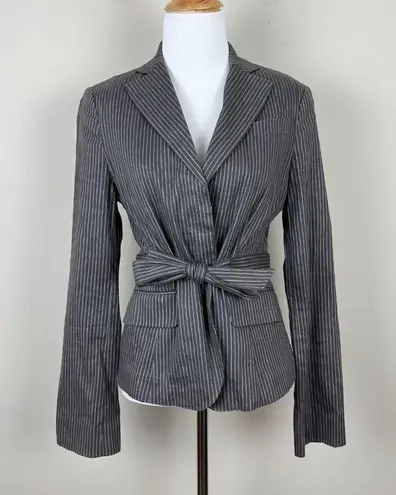 BCBGMAXAZRIA  Blazer Jacket Women S Gray Linen Pinstripe Belted Stretch Button Up