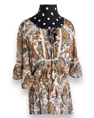 DR2 Womens Dress Sz S Paisley Maxi Dress Cottage Core Prairie Mustard Blue White