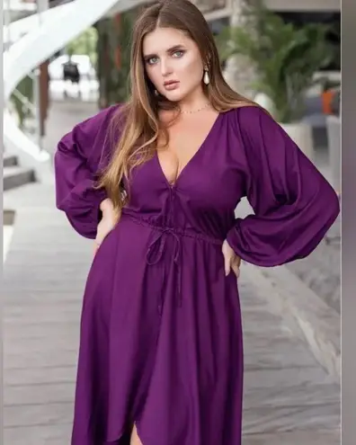 ELF Violet Purple High Low V Neck Tie Waist Dress Handmade in Bali Size XXL NEW