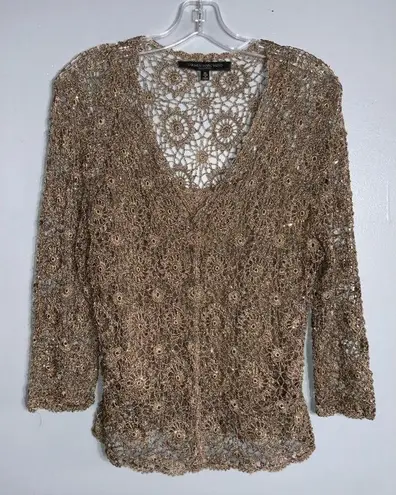 Carmen Marc Valvo Carmen Marc Vavlvo Tan 2Pc Crochet With Sparkly Beads Tank Top & Cardigan XL