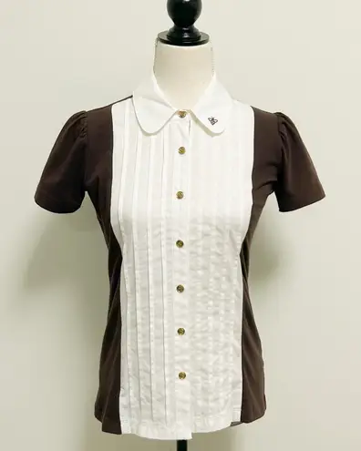 Birdie Bee Brown White Pleated Button Up Short Puff Sleeve Collared Top XS