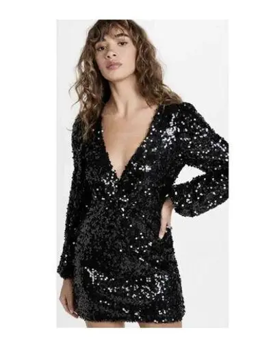 WAYF Womens Sequin Long Sleeve V Neck Mini Dress Black Size XS