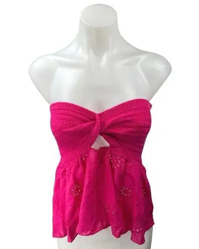 Women's Pink Knit Twist Knot Eyelet Ruffle Strapless Bandeau Tube Tank Top Sz M Size M