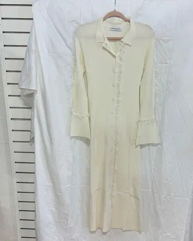 Nonchalant Label Willow Fringe Trim Knit Bodycon Midi Dress Ivory Women XS White