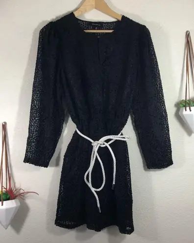 Robert Rodriguez Pauline black textured sheer mini dress rope waist sash NEW 12