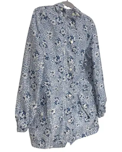 LINDA ANDERSON Rain Jacket Hooded Cinch Waist Leopard Floral Blue EUC Small
