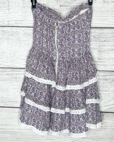 Olsenboye Vintage Purple Floral Strapless Mini Dress with Lace Trim Size Medium