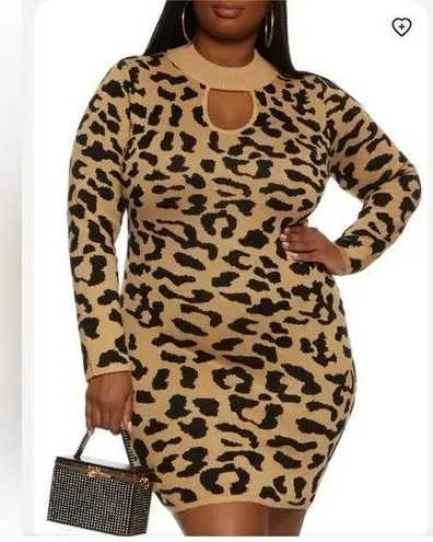 Leopard Print Keyhole Sweater Dress Size 2x Tan
