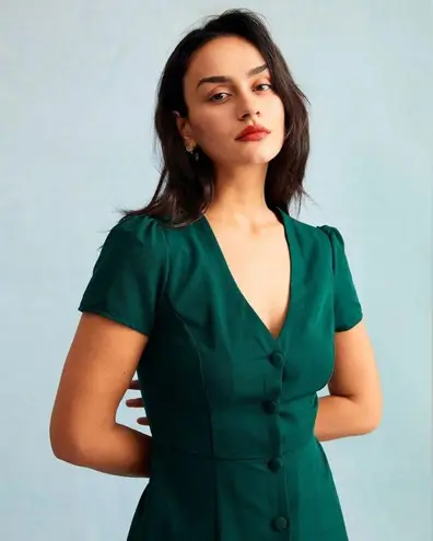 Rihoas Dark Green V Neck Button