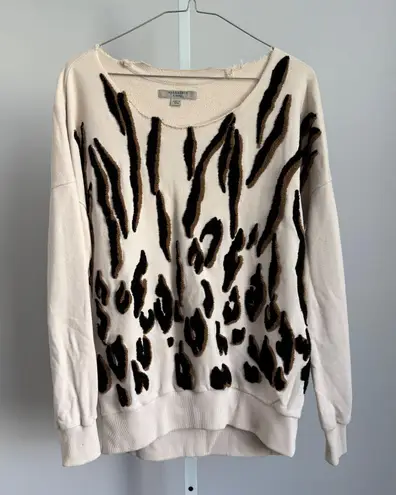 AllSaints Scar Sweatshirt XS cut off neckline Animal Print Cotton Blend Pullover Tan