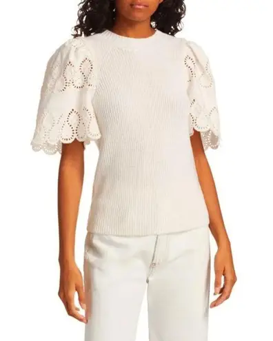 Sea New York Nadene Eyelet Cream Wool Knit Sweater White Short Sleeve Crewneck S Size XS