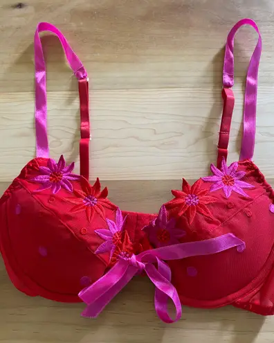 Frederick's of Hollywood Fredrick’s Of Hollywood Red And Pink Floral Ribbon Front Bra Size 36C