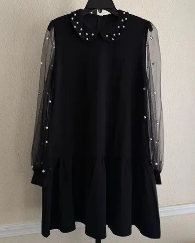 Pearl Collar Black Mesh Mini Dress Small Gothic Ruffle Hem Soft Goth Oversized