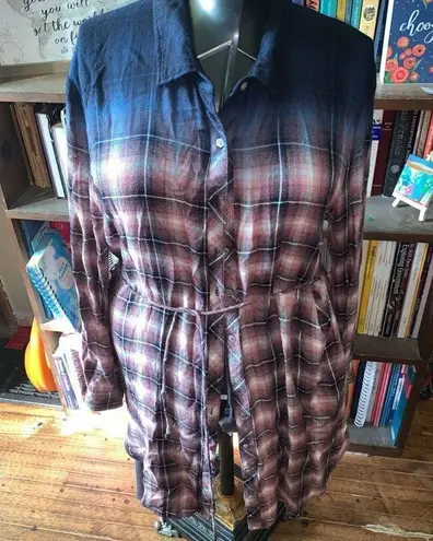 White Crow pink & blue plaid dipped button down L shirt dress