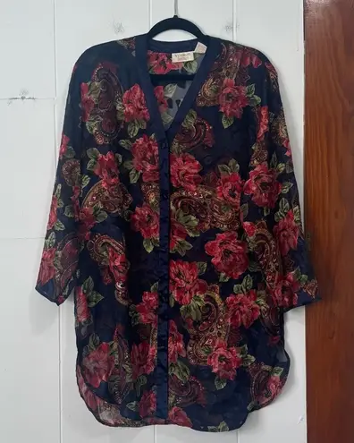 Victoria's Secret Vintage  Floral Button Down Sheer Nightgown Navy Small‎ - Image 1