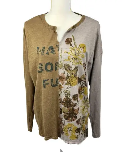 Cotton Bleu floral top size Large fairy y2k fall colorblock back to school Tan